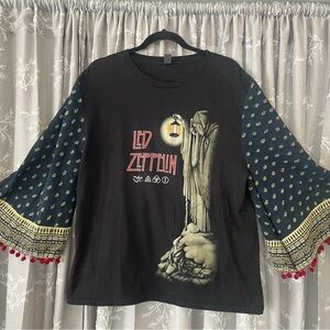Led Zeppelin Upcycled Graphic Tee with Bell Boho Sleeves Hippie Festival Large